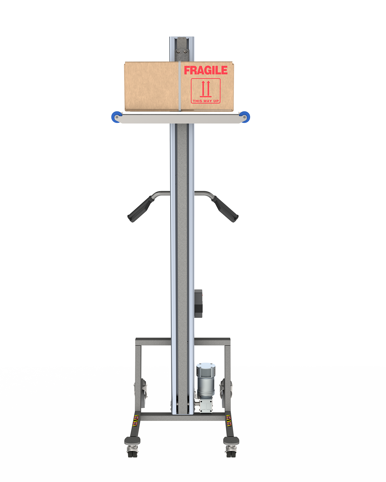 Elektrischer Leichtbau-Minilift aus Aluminium mit Kunststoffplattform zum Heben von Kisten bis 80 kg.