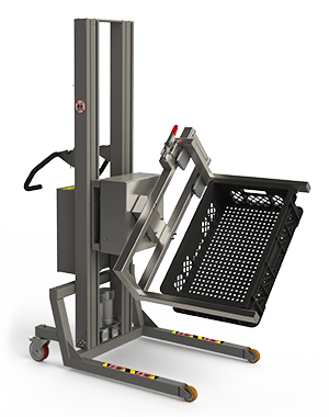 Intelligentes Hubgerät für Kisten mit speziell entwickelter Gabel mit Greifter zum Heben und Entleeren ERU Black Kunststoffkisten. 2Lift ApS.
