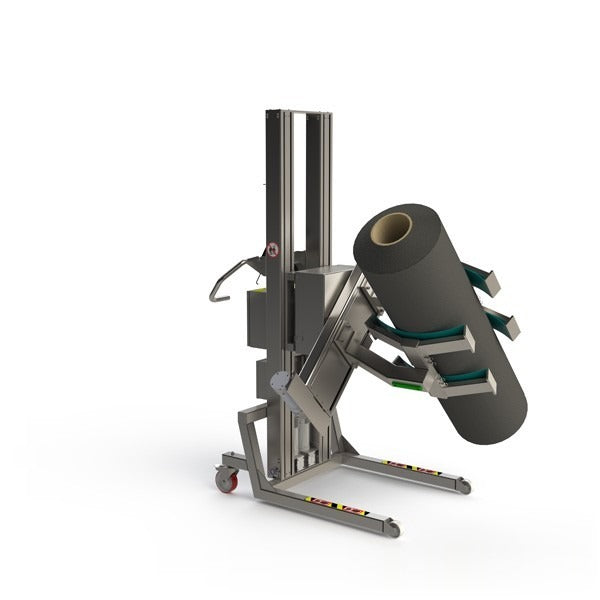 Diese industrielle Handhabungslösung ist mit einer Rotationseinheit sowie einem Satz linearer Hebeklemmen zum externen Halten zylindrischer Gegenstände wie Rollen, Fässer, Filter usw. ausgestattet.
