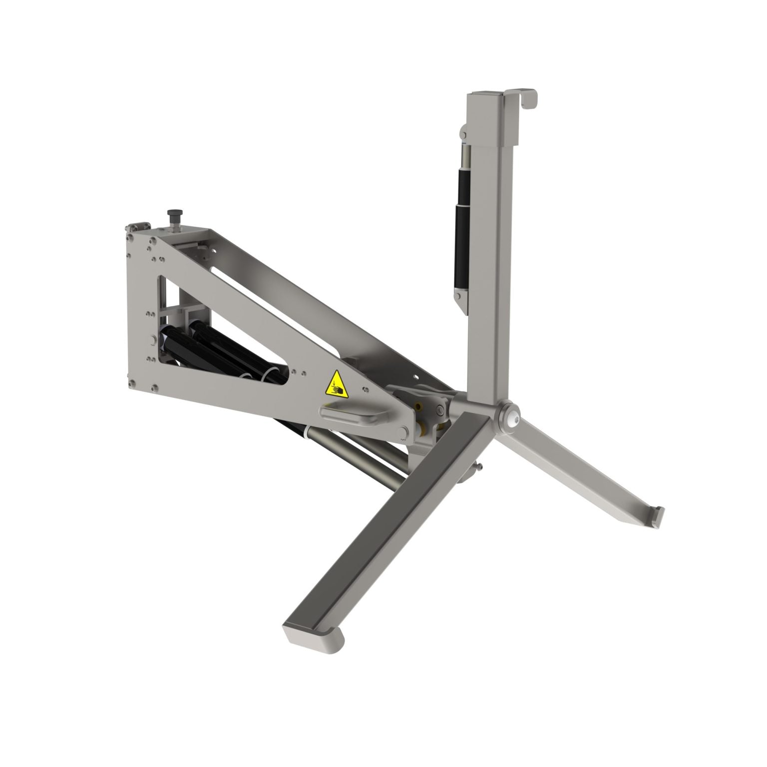 ERG (elektrischer Spulengreifer): Eine flexible Hebevorrichtung für Spulen als Spulenhandhabungsgerät für Vertikalheber, ausgestattet mit einer Fernbedienung. Vertikale Position, von vorne, Bild 1.