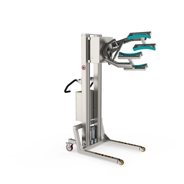 Dieses elektrische Hebegerät mit Scherenhubklemme kann Rollen und Fässer bis zu 120 kg heben und drehen.