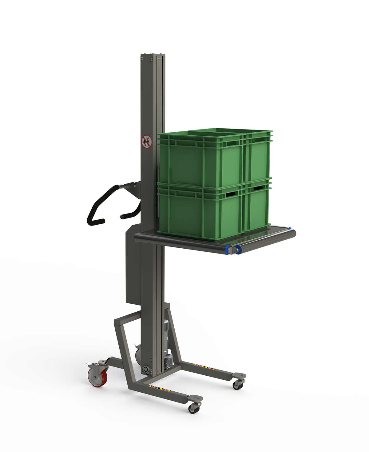 Materialtransportlösung für die Lagerindustrie, ausgestattet mit einer Plattform und seitlich angebrachten Rollen, um das Be- und Entladen zu erleichtern.
