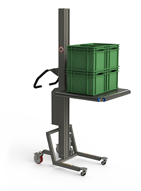 Materialtransportlösung für die Lagerindustrie, ausgestattet mit einer Plattform und seitlich angebrachten Rollen, um das Be- und Entladen zu erleichtern.