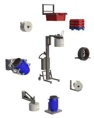 Industrielle Hebevorrichtung zum Heben und Handhaben von Rollen, Kisten, Paletten und Fässern.