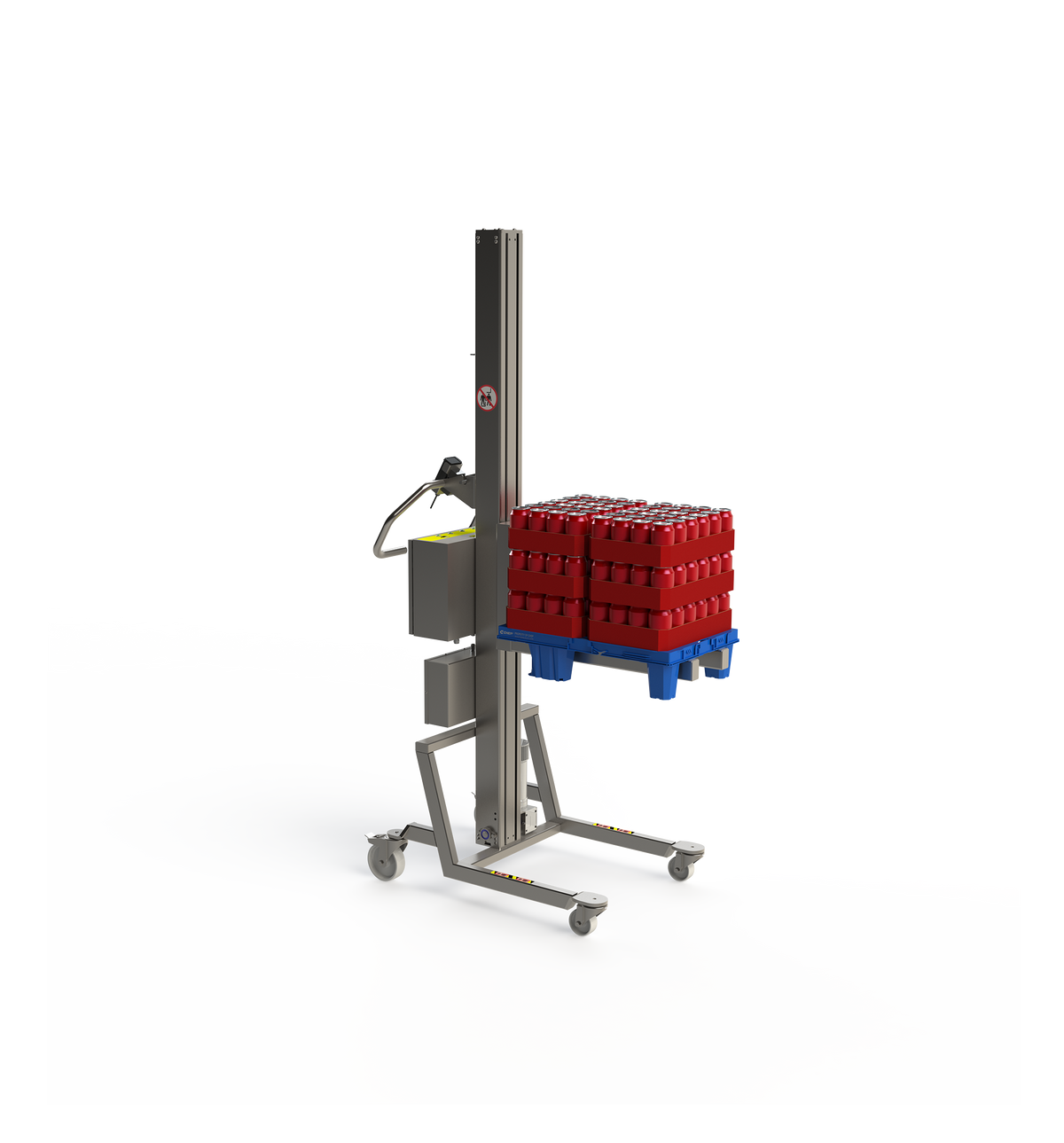 Elektrischer Hebelift für die Lebensmittel- und Getränkeindustrie, der bis zu 150 kg heben kann. Hier mit einer CHEP-Palette mit 6 Kästen Limonade.