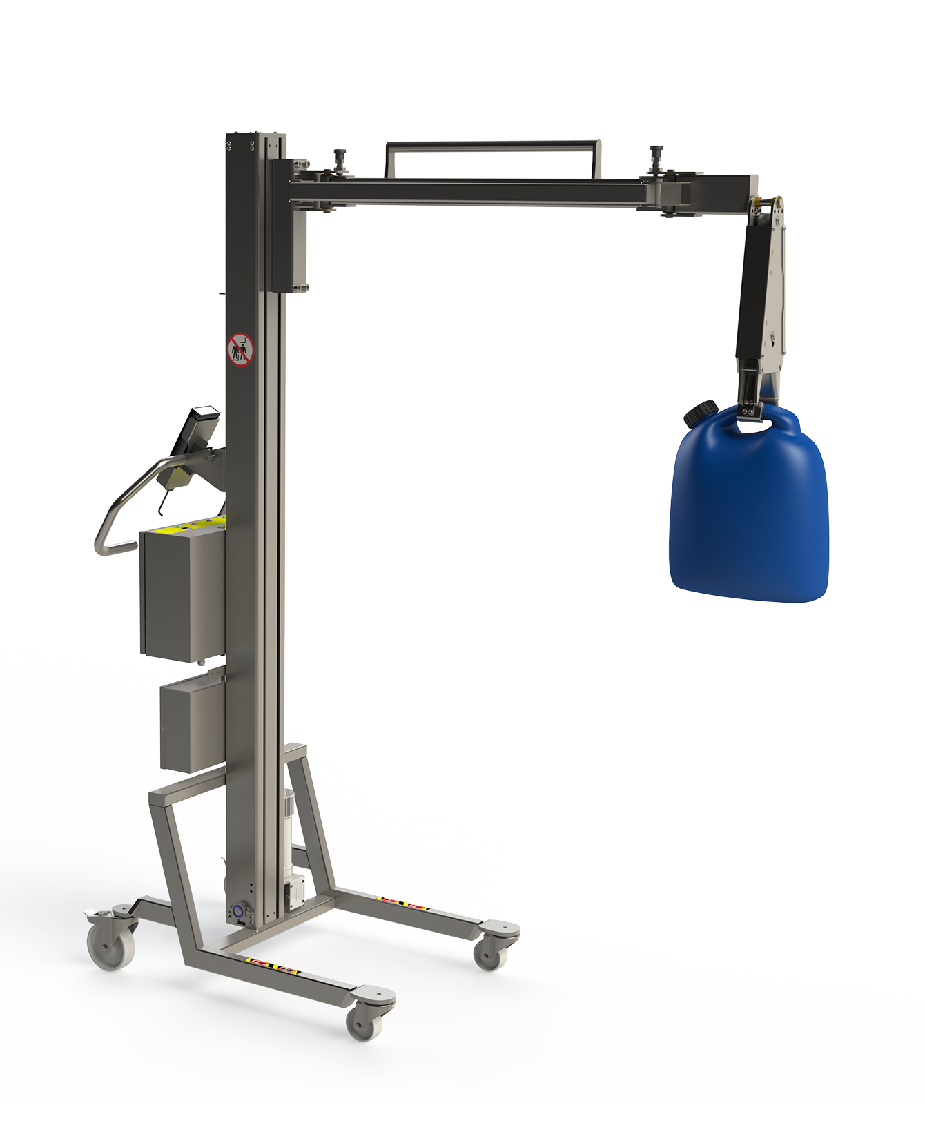 Maßgeschneiderter Hebekran in Edelstahl zum Greifen von Kanistern und Behältern. 2Lift Aps.