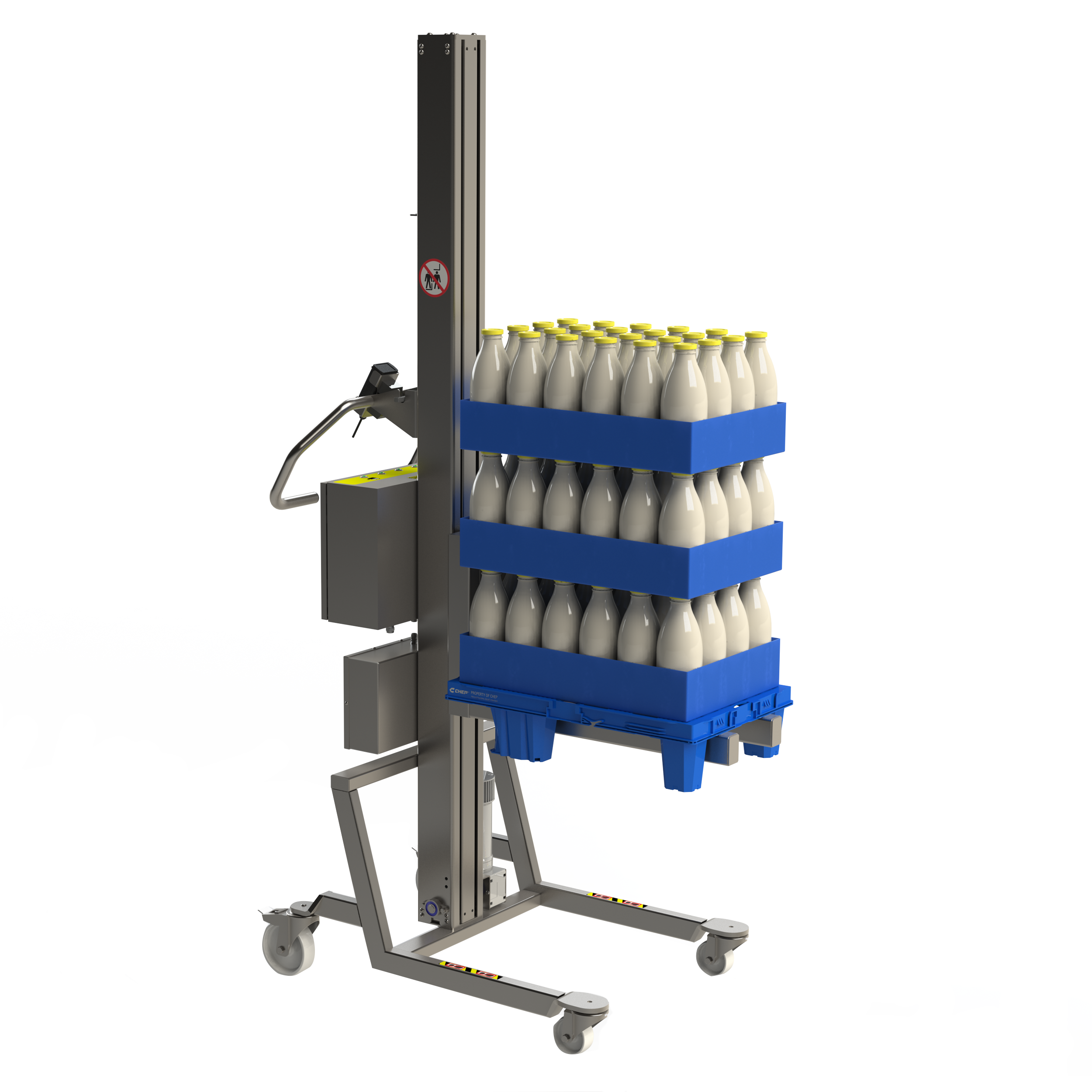 Leichtes und wendiges industrielles Materialtransportgerät für die Lebensmittel- und Getränkeindustrie. Eine einfache Gabel hebt eine Viertelpalette mit Milchflaschen.