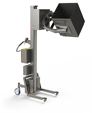 Dieser elektrische Lifter für den Einsatz in Reinräumen verfügt über einen speziellen Kartongreifer (eine Scherenklemme und gepolsterte Greifarme), der sich ideal zum Drehen und Kippen eines Kartons eignet.