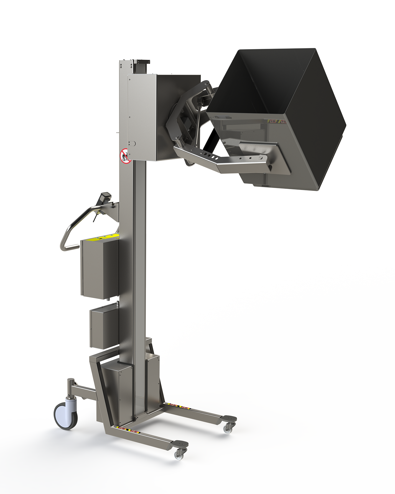 Dieser elektrische Lifter für den Einsatz in Reinräumen verfügt über einen speziellen Kartongreifer (eine Scherenklemme und gepolsterte Greifarme), der sich ideal zum Drehen und Kippen eines Kartons eignet.