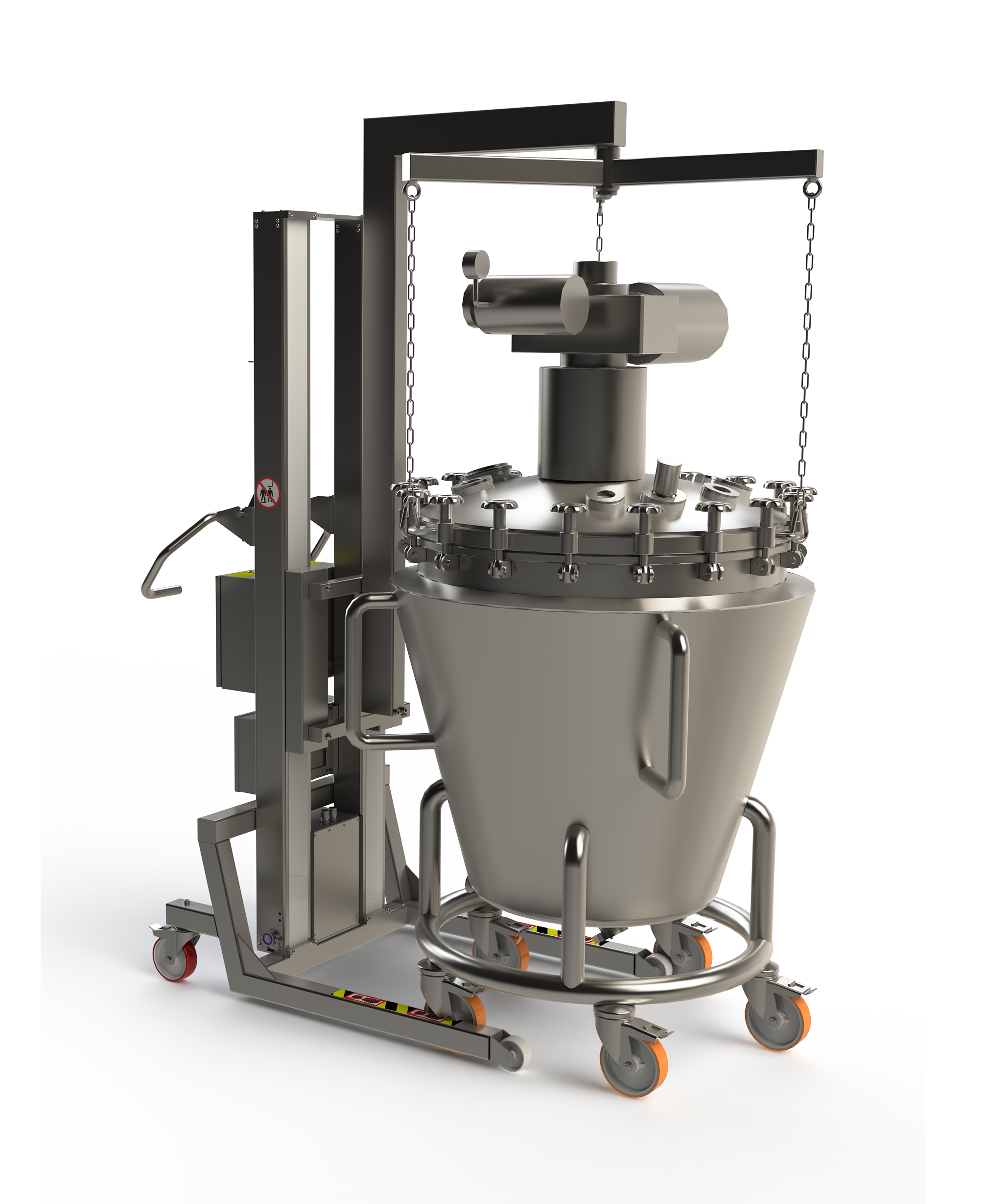 Kleiner Kran mit spezieller Hebeausrüstung: Reinraum-Elektroheber aus Edelstahl mit maßgeschneidertem Auslegerarm zum Anheben eines Deckels auf einem Mixer. 2Lift ApS.
