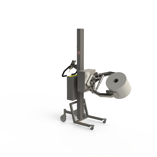 Ein leichtes Rollenhebegerät mit Rotationsfunktion. Die Rolle wird mit Scherenhubklemmen aufgenommen und von zwei gummigepolsterten Greifern in Position gehalten.