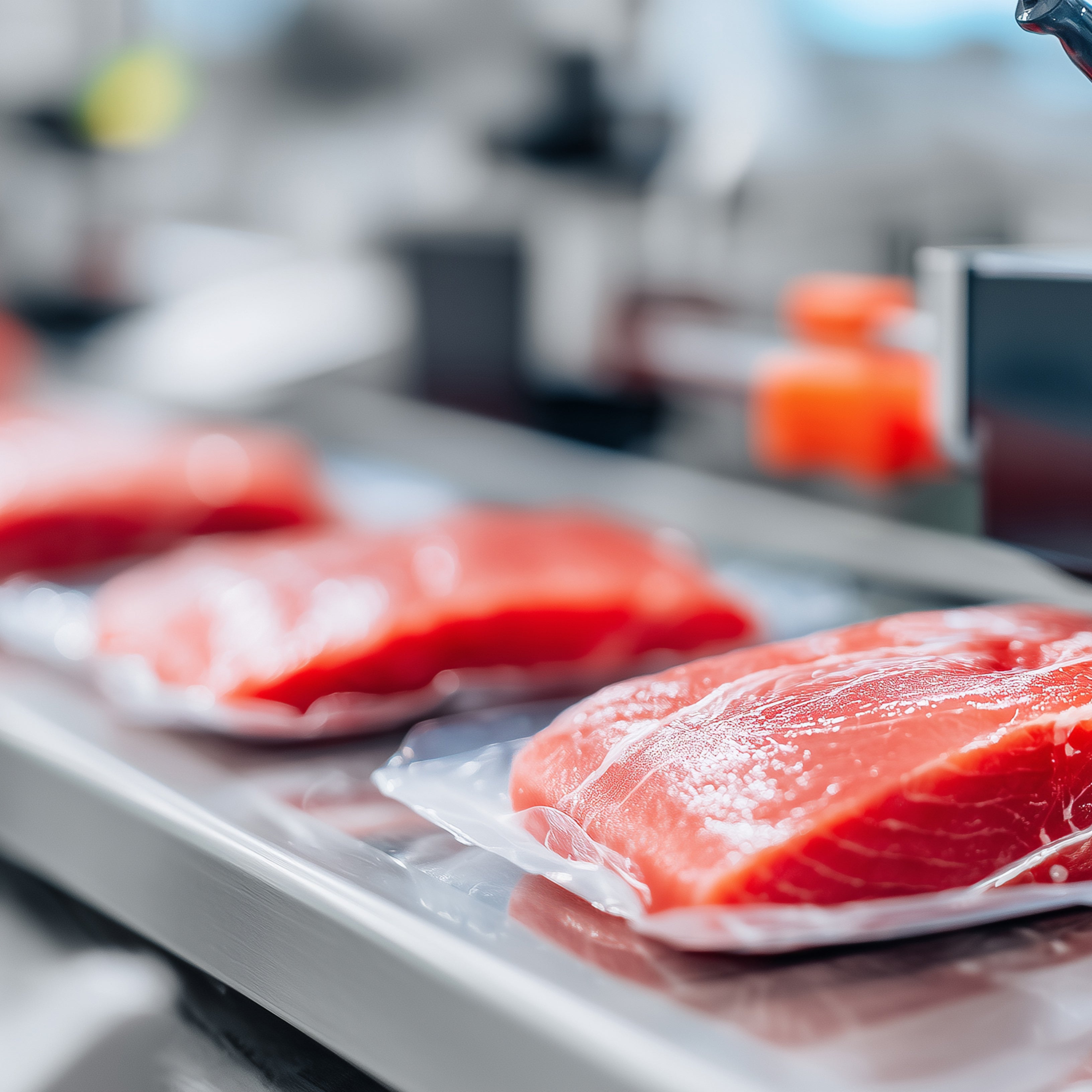 Raw fish fillets on a metal tray with a blurred kitchen background