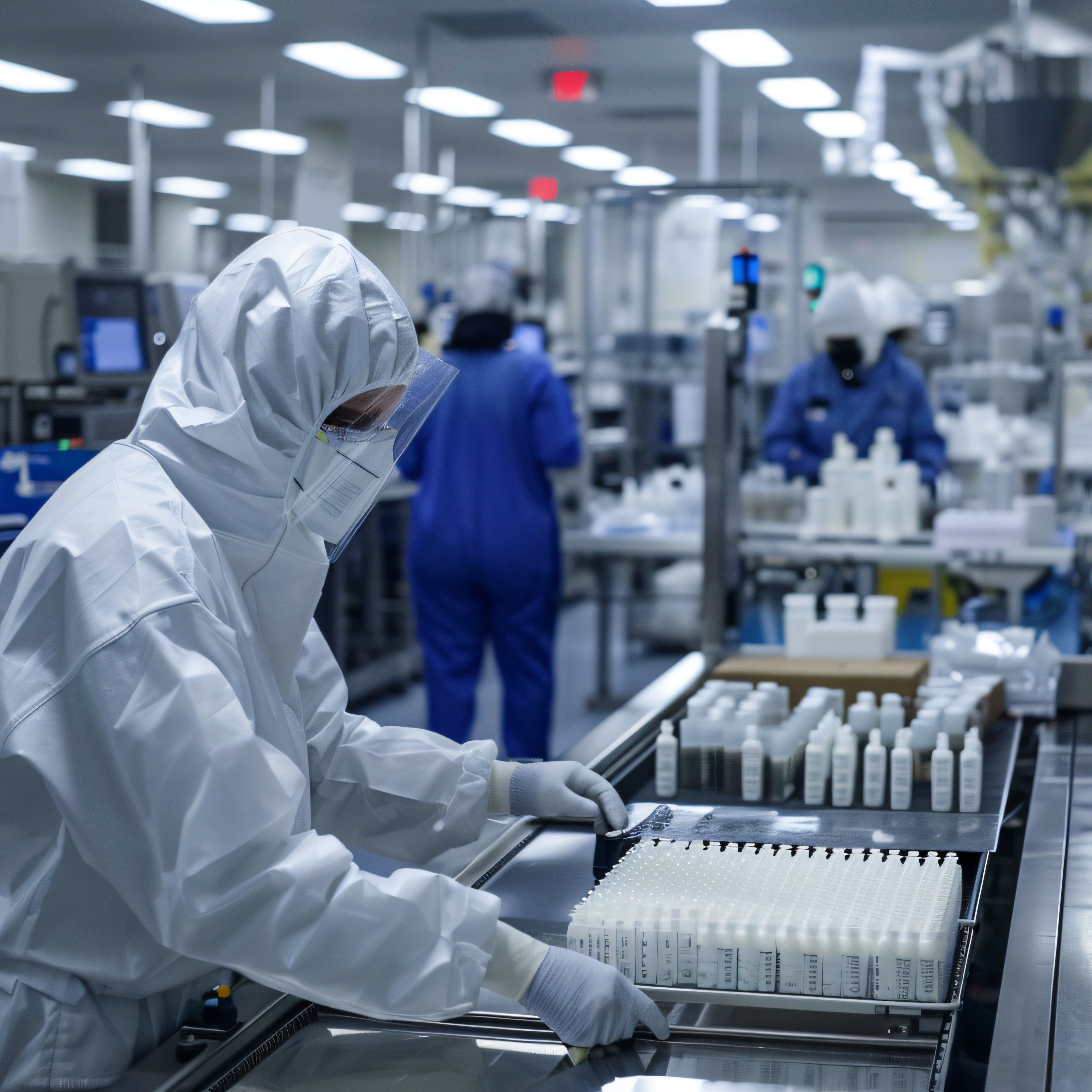 Person in a sterile lab environment with protective gear, working on a manufacturing line.