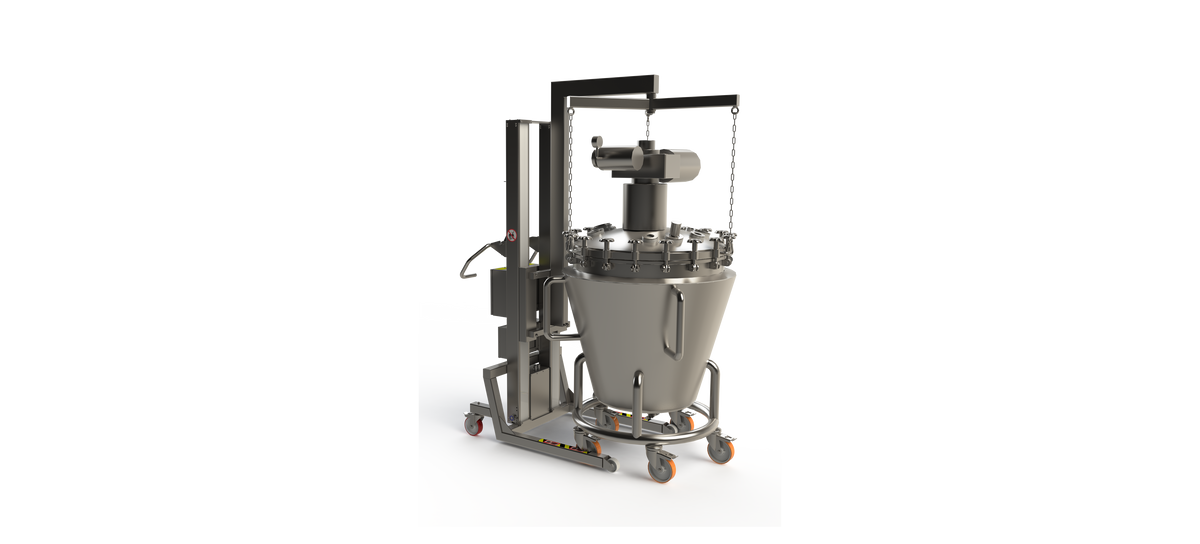 Specialist lifting equipment: stainless steel cleanroom electric lifter with bespoke boom arm and chains and hooks for lifting a lid on a mixer. 2Lift ApS.