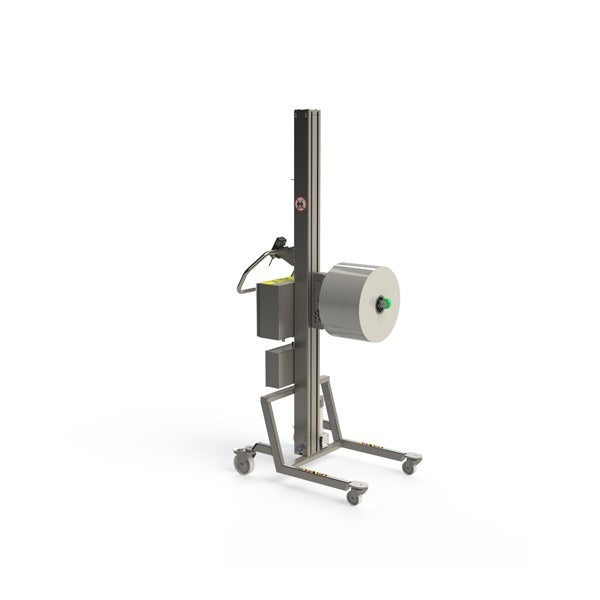 Ein elektrischer Rollenheber mit Rollendorn. Dieses korrosionsbeständige Hebegerät ist ideal für die Papierhandhabung in der Lebensmittel- und Getränkeindustrie.