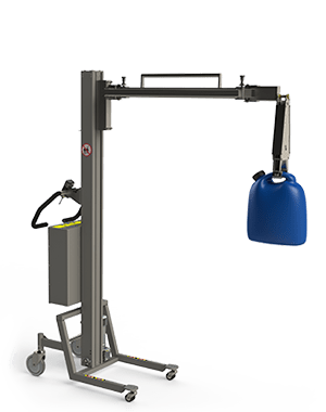 Maßgeschneiderter Hebekran aus pulverlackiertem Stahl zum Greifen von Kanistern und Behältern. 2Lift Aps.