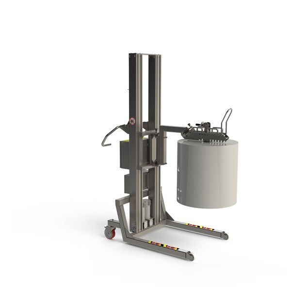 Hygienisches Materialhebegerät für schwere Rollen bis 200 kg. Der manuelle Rollenmanipulator ermöglicht es, die Rolle seitwärts zu drehen und nach vorne zu kippen.
