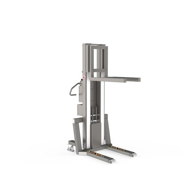 Ausgestattet mit einer einfachen Gabel als Hebewerkzeug wird aus dieser modular aufgebauten Hebemaschine ein elektrischer Palettenstapler.