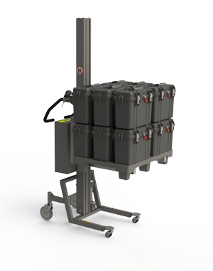 Dieser Paletten Hochhubwagen ist in der Lage, Lasten wie Paletten bis zu 130 kg zu heben. Hier zu sehen: eine Palette mit Kisten. 2Lift.