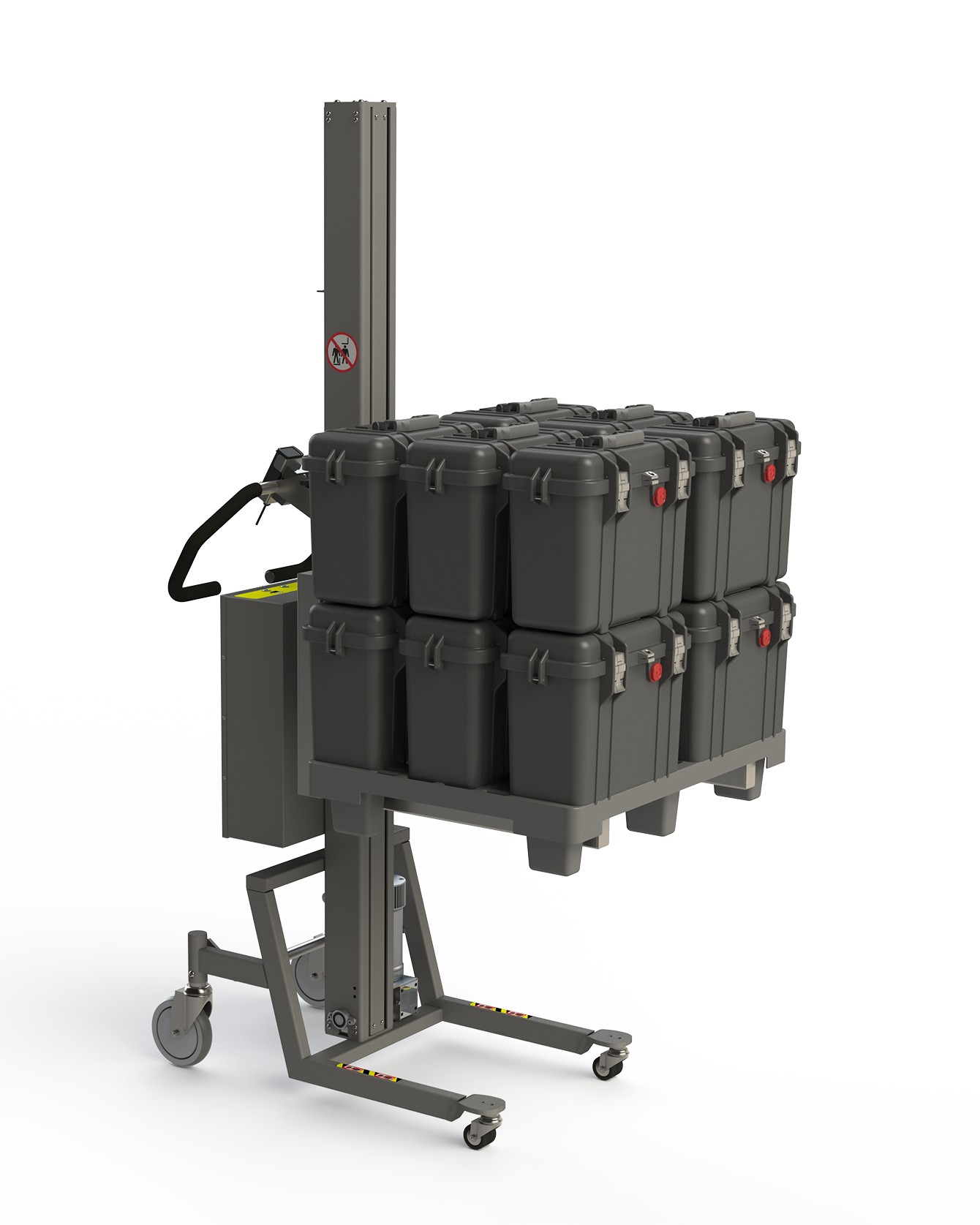 Dieser Paletten Hochhubwagen ist in der Lage, Lasten wie Paletten bis zu 130 kg zu heben. Hier zu sehen: eine Palette mit Kisten. 2Lift.