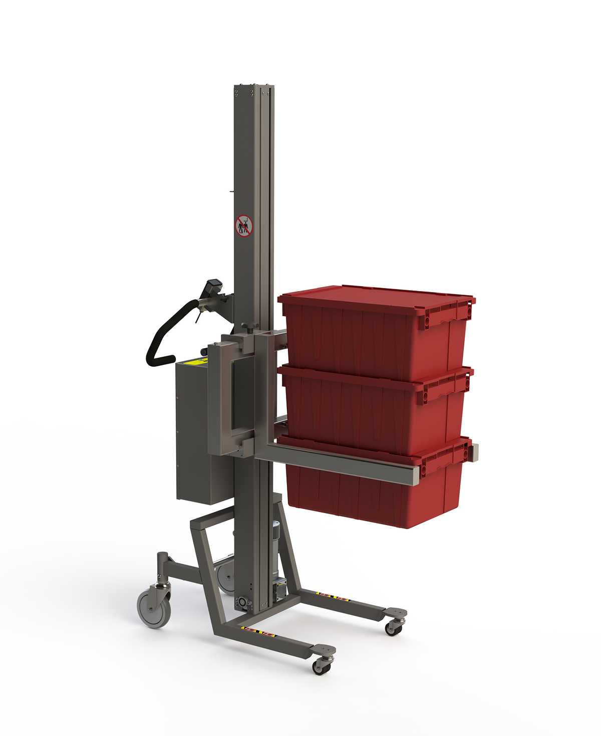 Lastenlift mit verstellbarer Gabel und roten Kästen.