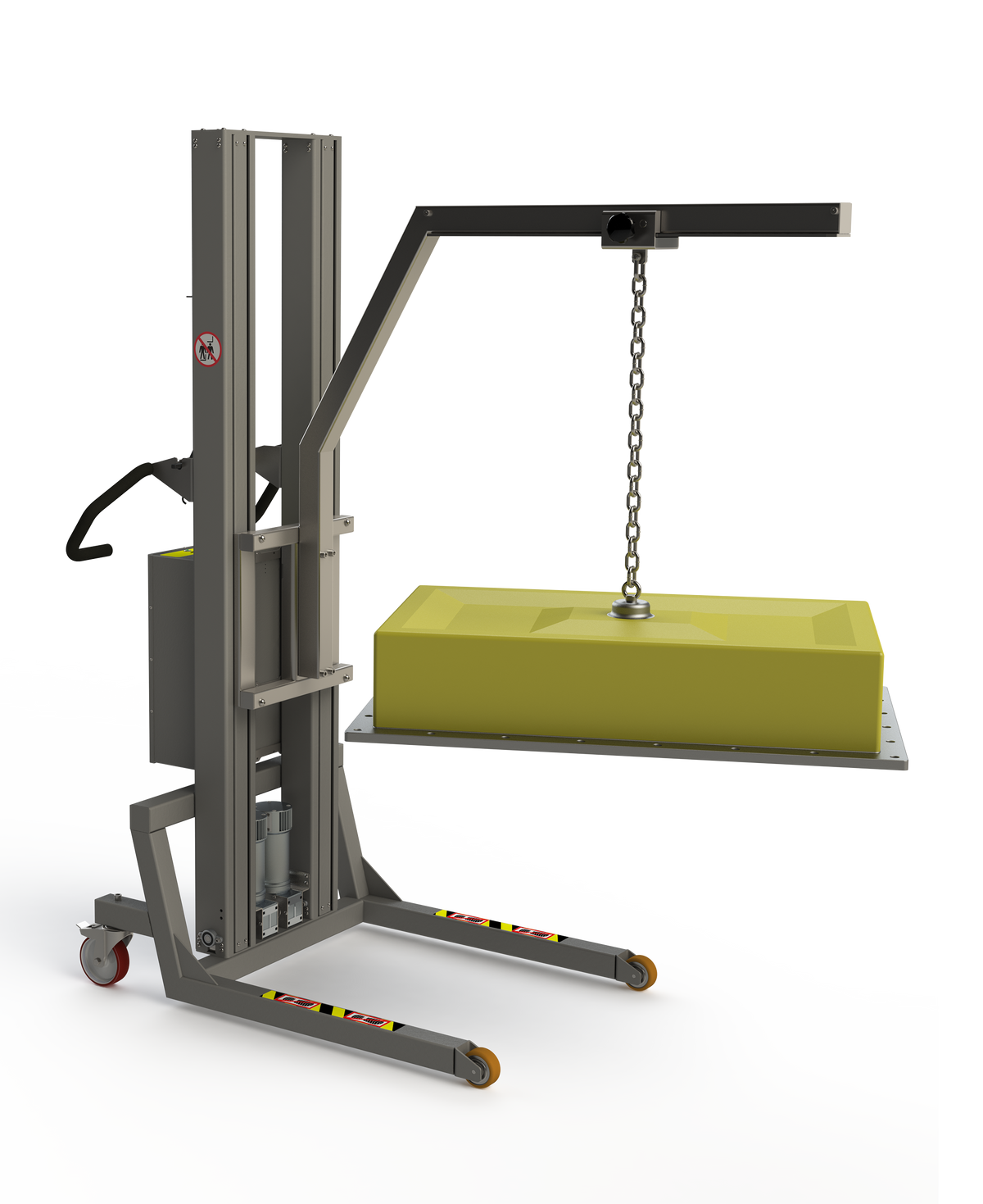 Custom designed crane lifter with a boom arm and rail system for lifting objects like heavy plates, here a machine cover. 2Lift ApS.