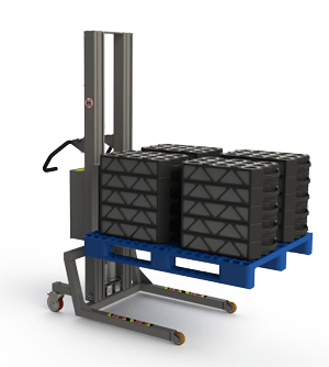 Flexibler Paletten Handstapler. Blaue Palette. 2Lift