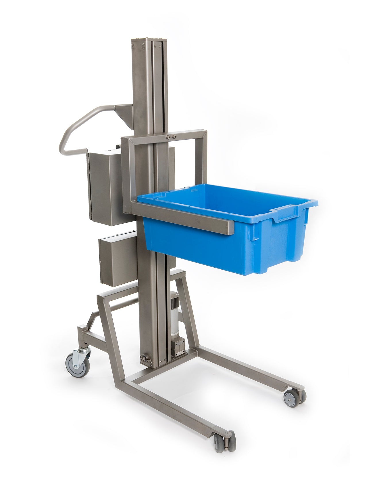 Elektrischer Leichtbau-Kistenheber mit Gabel zum Anheben von Kisten von unten unter dem Rand.