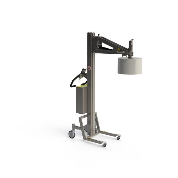 Dieses vollelektrische Rollenhandhabungsgerät ist in der Lage, Rollen bis zu 100 kg anzuheben und zu kippen.