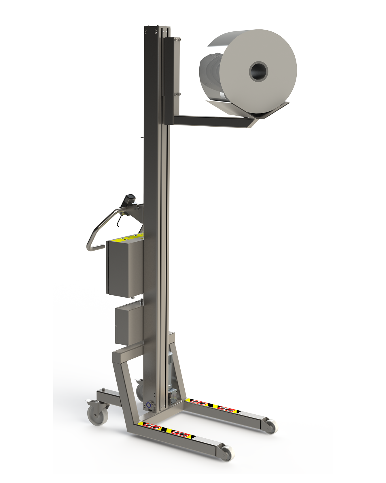 Rollenwender zur externen Rollenhandling. Minilifte mit Ausleger und V-Block. 2Lift ApS.