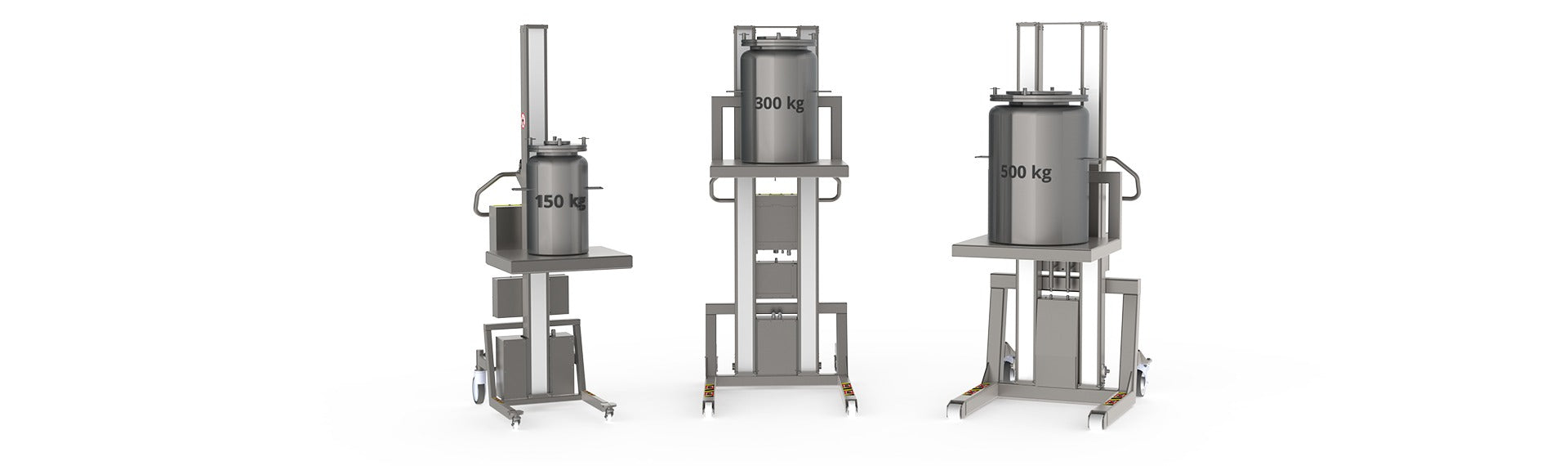 GMP-optimized electric lift solutions for biotech and pharma that can lift 150 kg, 300 kg, and 500 kg (including lifting tool). Three stainless steel lifters lifting special containers.