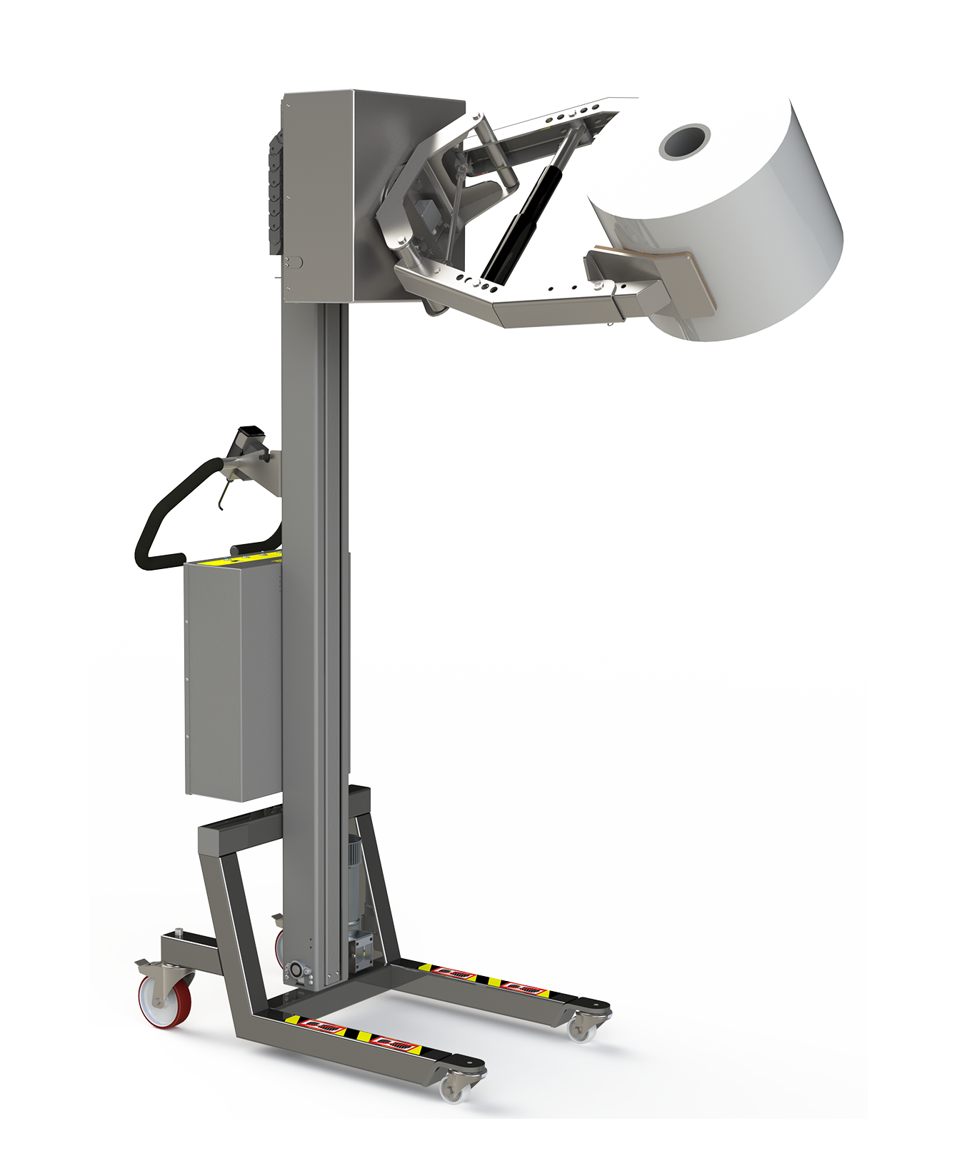 Externe Rollenhebevorrichtung mit elektrischer Scherenklemme und Rotationseinheit. 2Lift ApS.