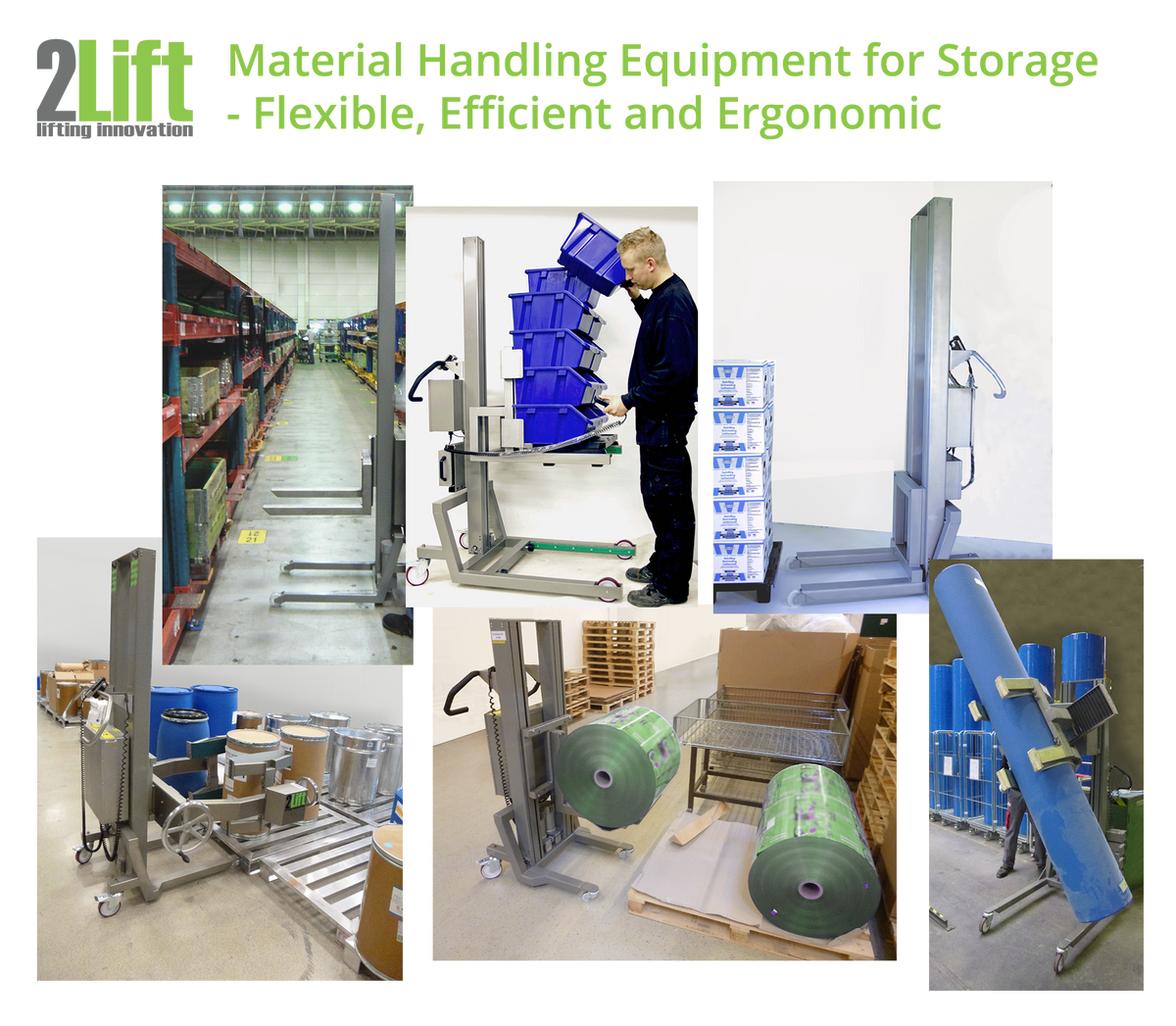 Electric storage handling machinery for lifting heavy boxes, drums, pallets and rolls. 2Lift ApS.