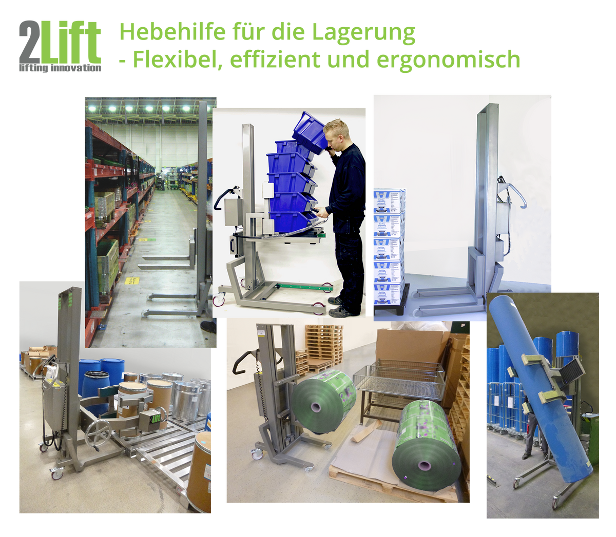 Lastenheber zur Handhabung und Heben von schweren Kisten, Fässern, Paletten und Rollen. 2Lift ApS.