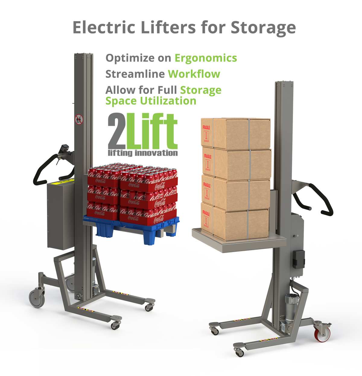 Ergonomic storage handling machinery for more efficient workflow. Easy lifting of boxes and pallets. 2Lift ApS.