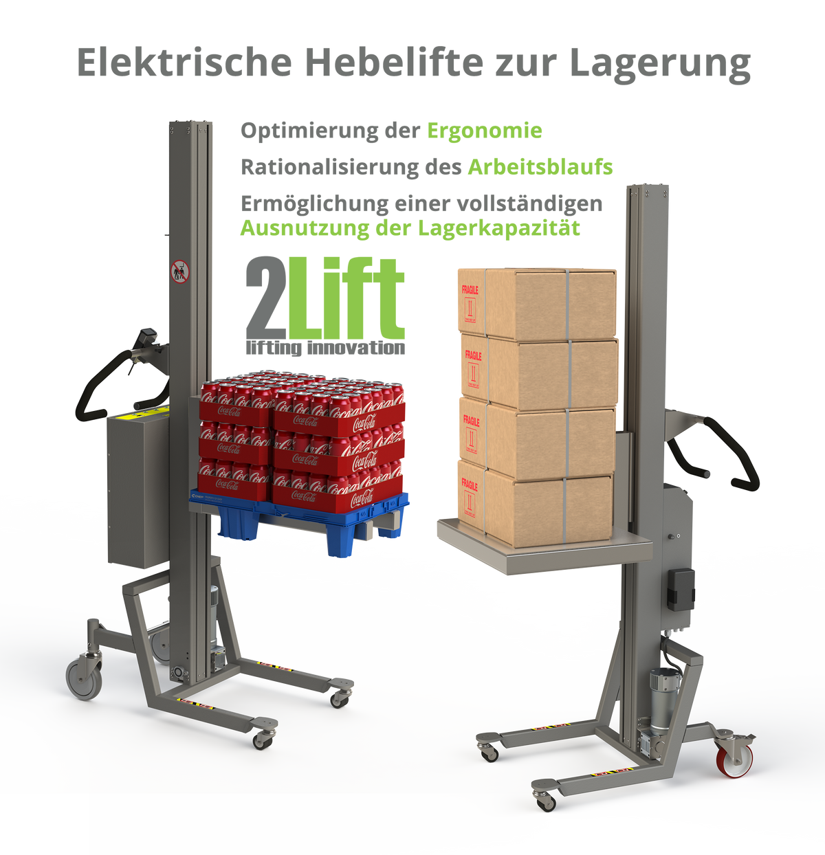 Ergonomische Lastenheber für effizientere Arbeitsabläufe. Einfaches Heben von Kisten und Paletten. 2Lift ApS.