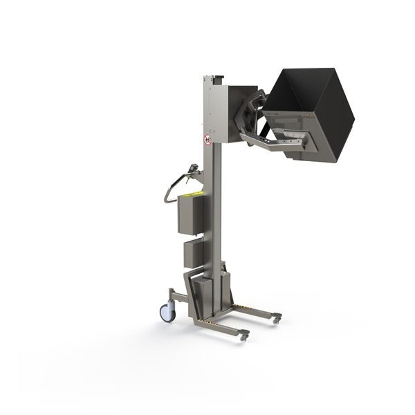 Dieser elektrische Lifter für den Einsatz in Reinräumen verfügt über einen speziellen Kartongreifer (eine Scherenklemme und gepolsterte Greifarme), der sich ideal zum Drehen und Kippen eines Kartons eignet.