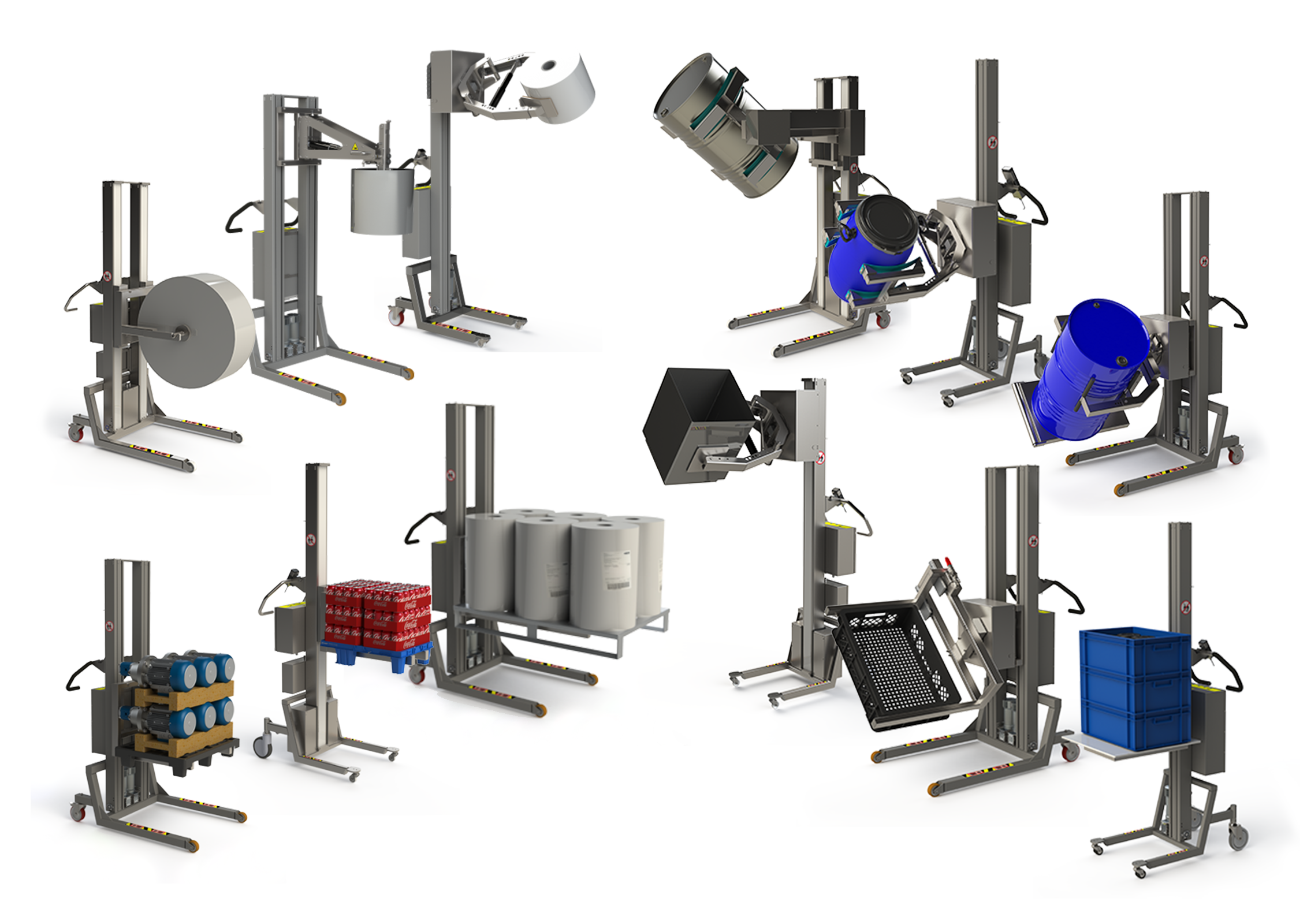 Lifting and handling solutions such as roll lifting equipment, drum handling equipment, electric pallet stacker products and lifting devices for boxes.