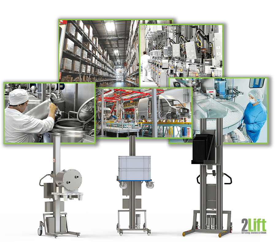 Industrielle Hebevorrichtung für alle Industrien: Pharma, Lebensmittel, Lager, Automobil und Elektronik. 2Lift ApS.