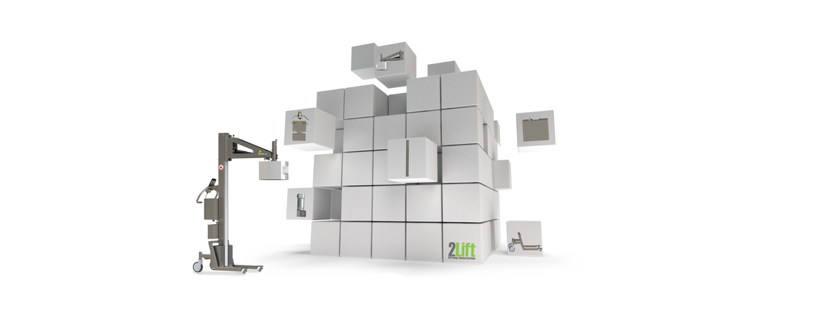 Hebegerät im modularen Design. Bild eines Rollenhebers und vieler Würfel mit Abbildungen verschiedener Teile eines Lifters.