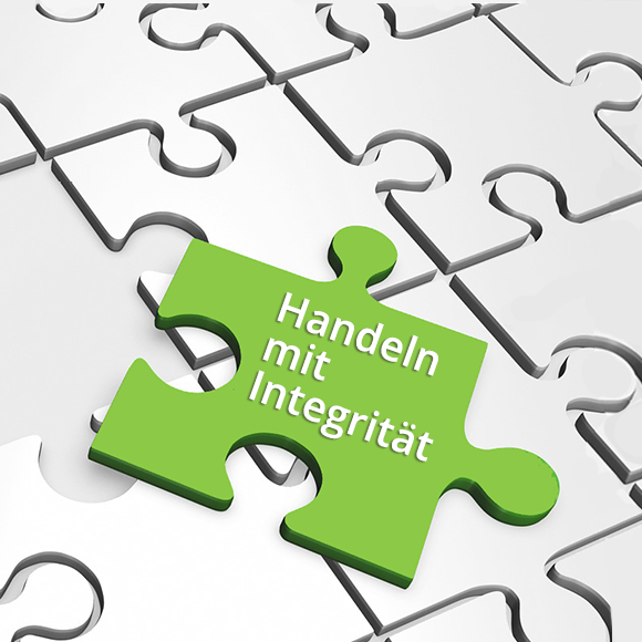 Verhaltenskodex von 2Lift. Abbildung eines Puzzleteils mit der Aufschrift „Handeln mit Integrität“.