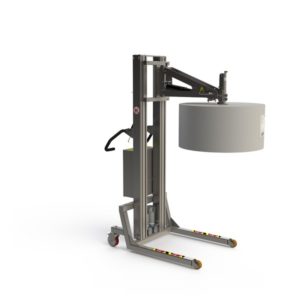 Dieses elektrische Rollenhandhabungsgerät aus Edelstahl kann Rollen mit einem Gewicht von bis zu 180 kg transportieren.