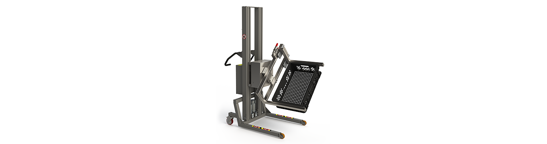 Intelligentes Hubgerät für Kisten mit speziell entwickelter Gabel mit Greifter zum Heben und Entleeren ERU Black Kunststoffkisten. 2Lift ApS.