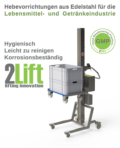 Hygienische elektrische Hebelift für die Lebensmittel- und Getränkeindustrie. Anheben eines Rollwagens. 2Lift ApS.