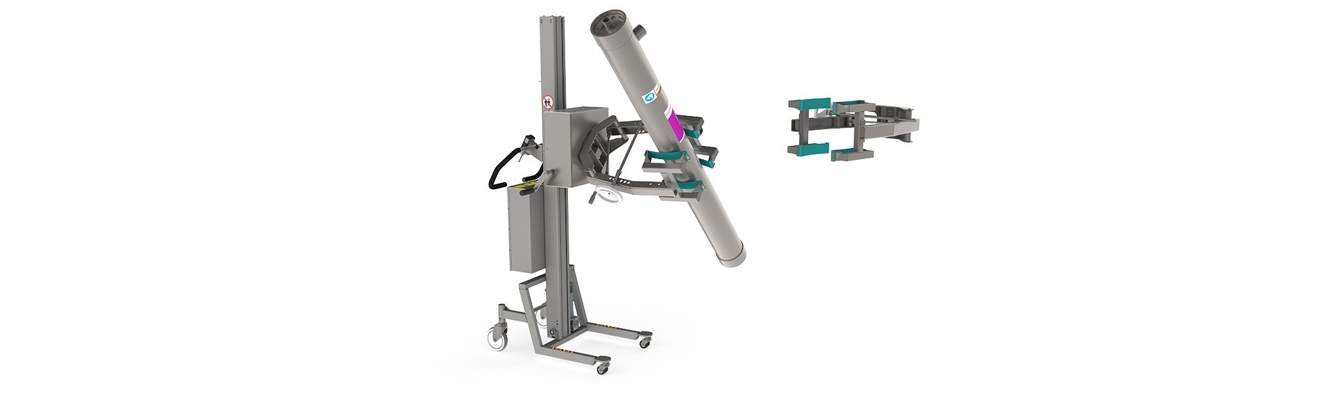 Zylinder-, Rollen- oder Fasshandlingsysteme: Die manuelle Klemme mit Spindel (MC) kann verwendet werden, um z.B. Rollen, Fässer oder andere zylindrische Objekte zu handhaben. Hier hält der elektrische Lifter ein relativ leichtes, zylinderförmiges Objekt.