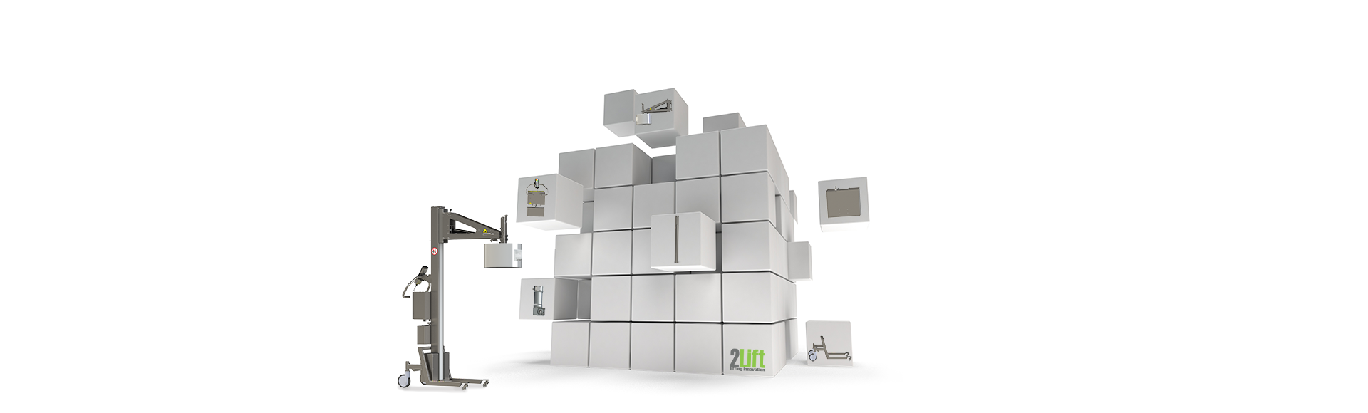 Hebegerät im modularen Design. Bild eines Rollenhebers und vieler Würfel mit Abbildungen verschiedener Teile eines Lifters.