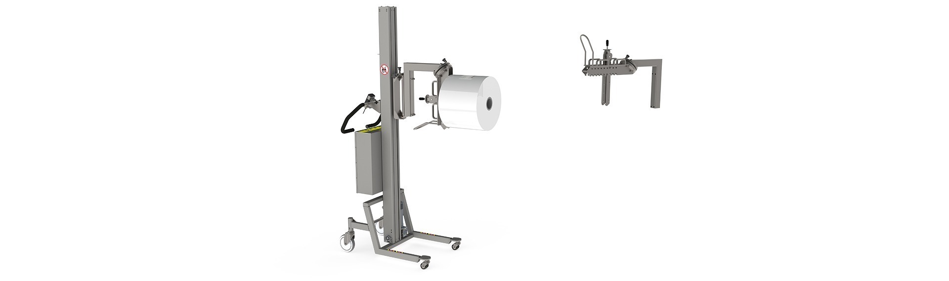 Der manuelle Rollenmanipulator (MRM) ist ideal zum Wenden leichterer Rollen. Dieser Rollenwender hält und dreht eine Rolle in die horizontale Position.