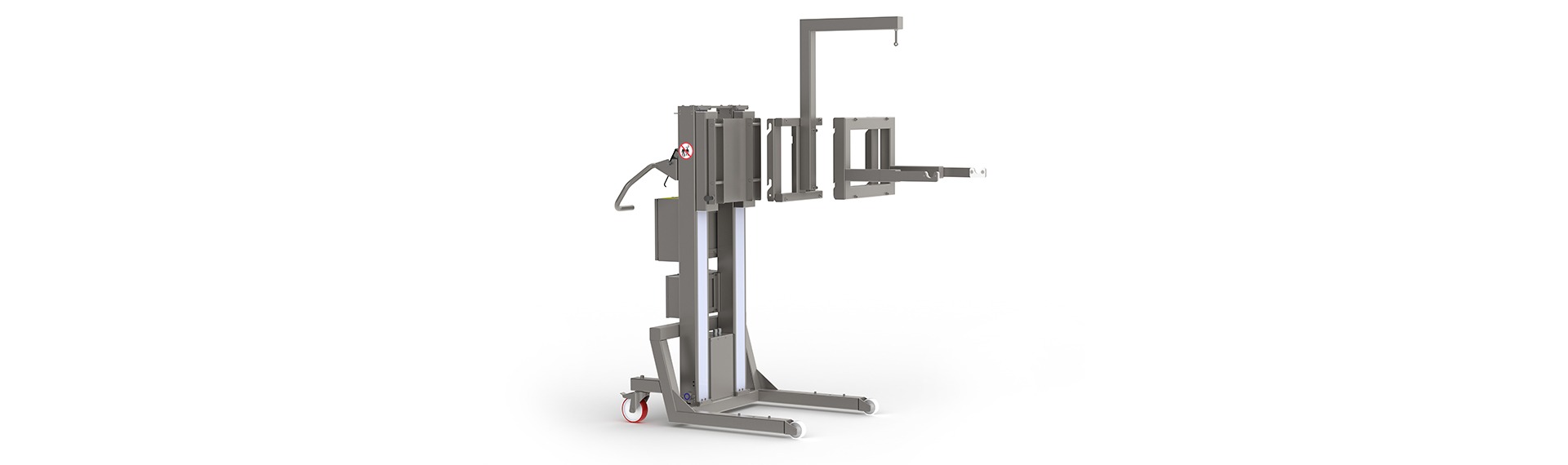 Sehr flexible Hebezeuge. Bild: Eine Hebemaschine mit austauschbaren Werkzeugen wie einem Kranarm und einer Gabel mit Kerben.